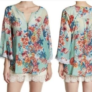 Aratta Silent Journey Teal Multi-Color Floral Bell Sleeves Lace Trim Blouse S